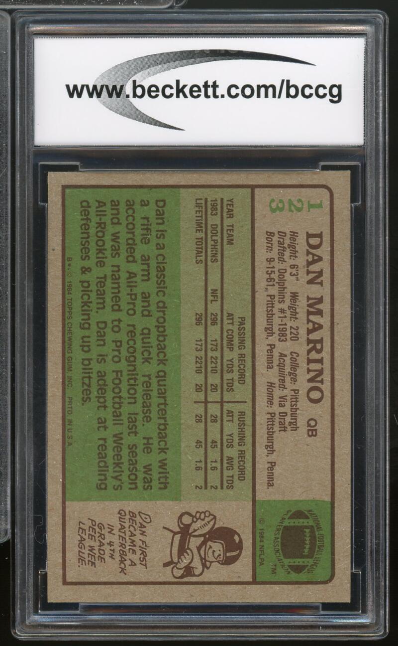 1984 Topps #123 Dan Marino Rookie Card BGS BCCG 9 Near Mint+ Image 2