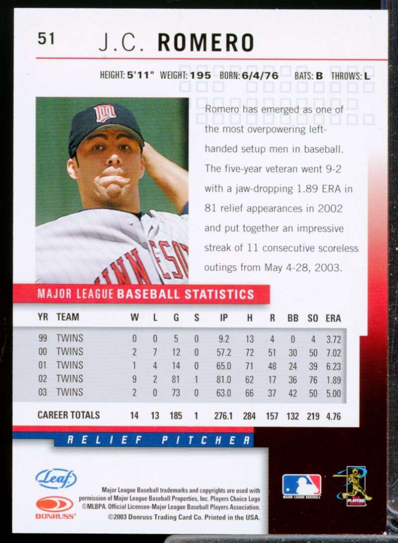 J.C. Romero Card 2004 Leaf Autographs #51  Image 2