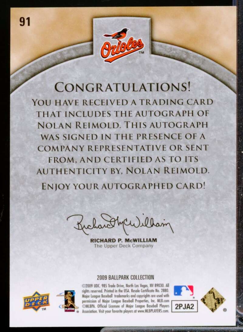 Nolan Reimold /500 RC 2009 Upper Deck Ballpark Collection Rookie Autograph #91  Image 2