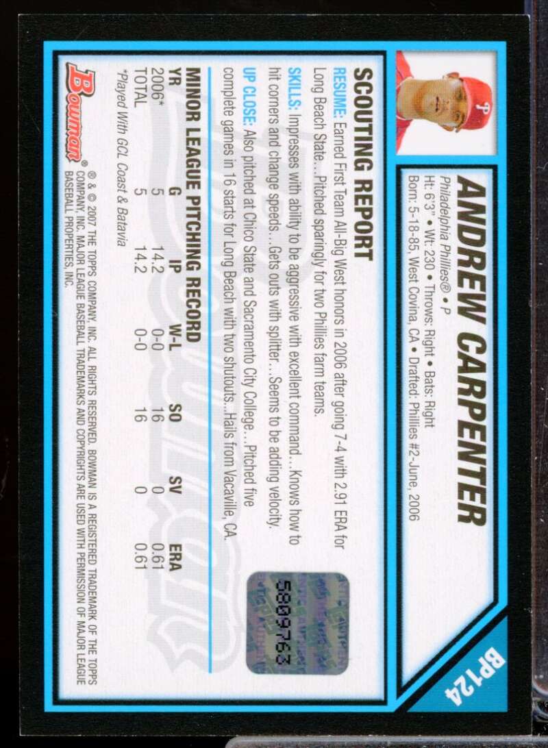 Andrew Carpenter Card 2007 Bowman Prospects Autograph #BP124  Image 2