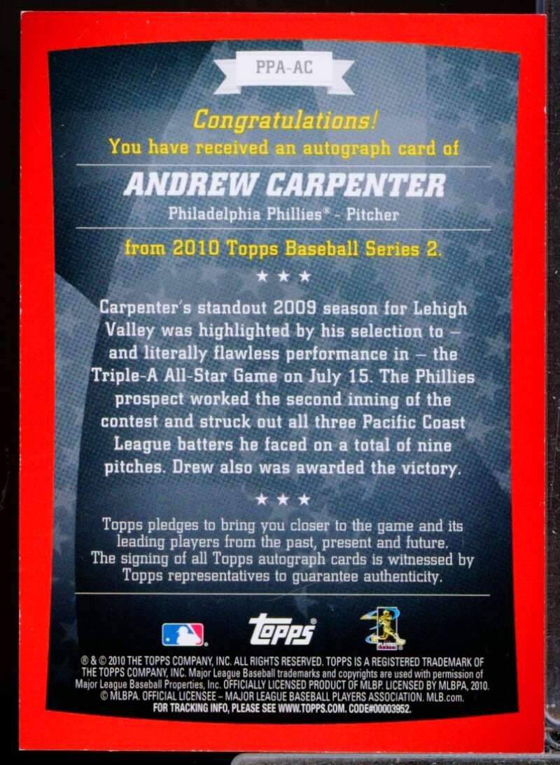 Andrew Carpenter Card 2010 Topps Peak Performance Autographs #AC  Image 2