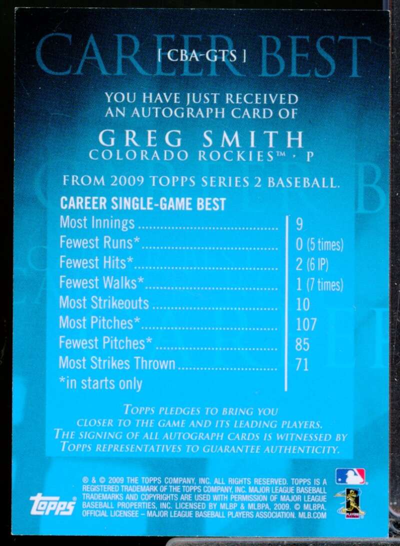 Greg Smith Card 2009 Topps Career Best Autographs #GTS  Image 2