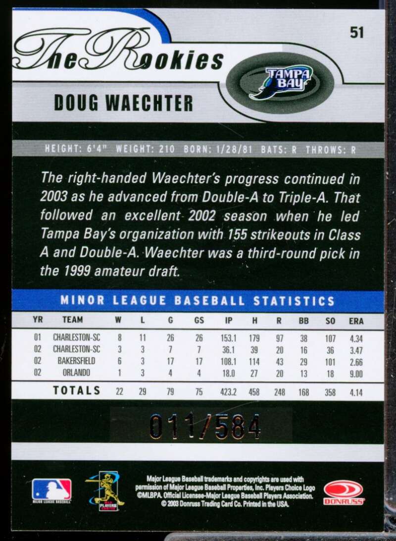 Doug Waechter /584 Card 2003 Donruss The Rookies Autographs #51  Image 2