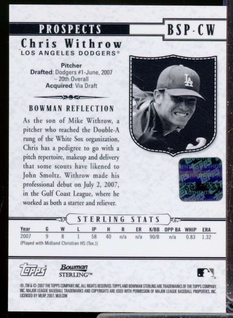Chris Withrow Card 2007 Bowman Sterling Prospects Autograph #CW  Image 2