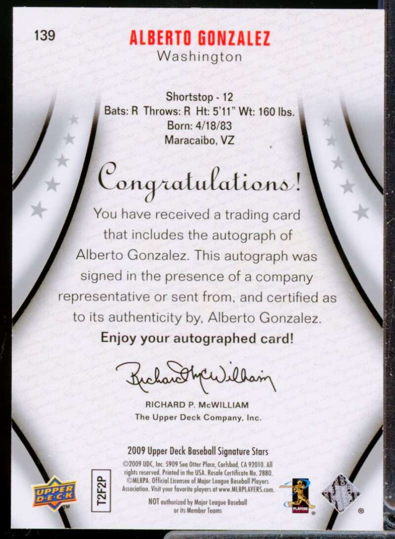 Alberto Gonzalez Card 2009 Upper Deck Signature Stars Autograph #139  Image 2