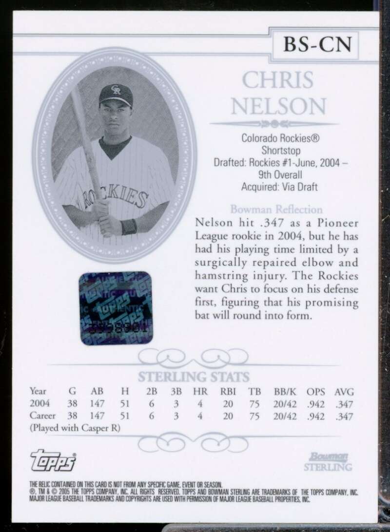 Chris Nelson Card 2005 Bowman Sterling Jersey Autograph #CN  Image 2