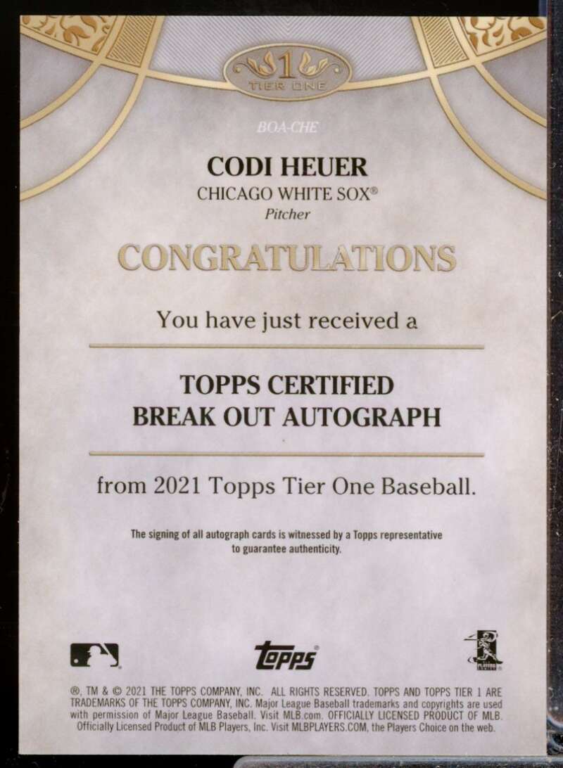 Codi Heuer /300 Card 2021 Topps Tier One Break Out Rookie Autographs #BOACHE  Image 2