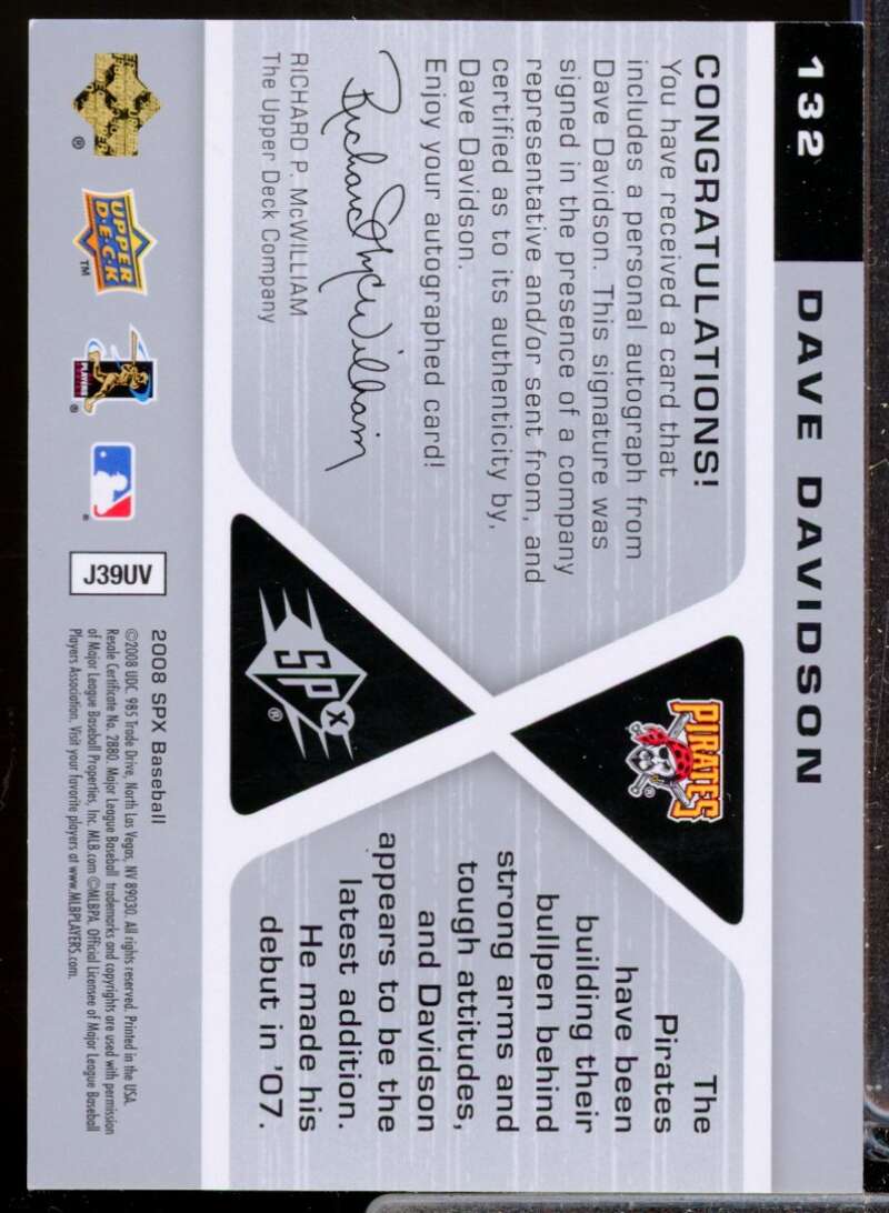 Dave Davidson Card 2008 SPx Rookie Signatures Autograph Silver #132  Image 2