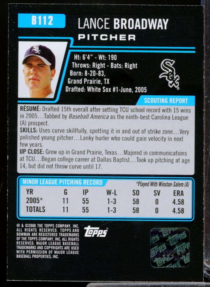 Lance Broadway Card 2006 Bowman Prospects Autograph #B112  Image 2