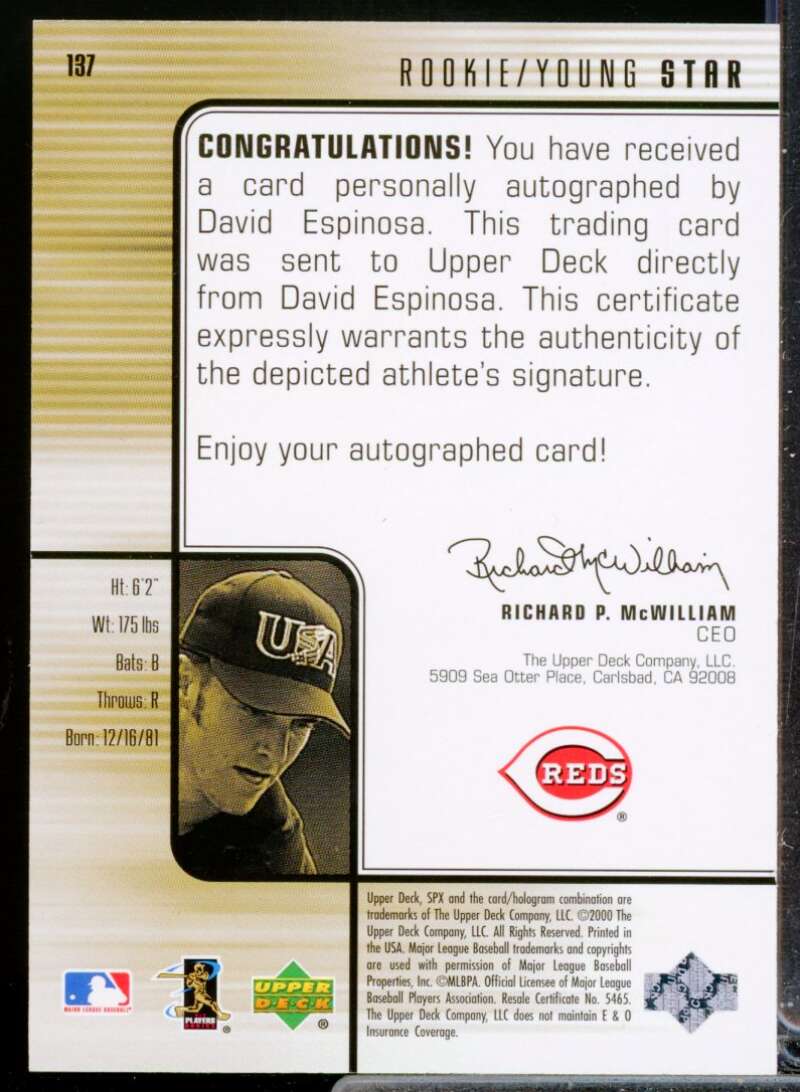 David Espinosa /1500 RC Card 2000 SPx Rookie Autograph #137  Image 2
