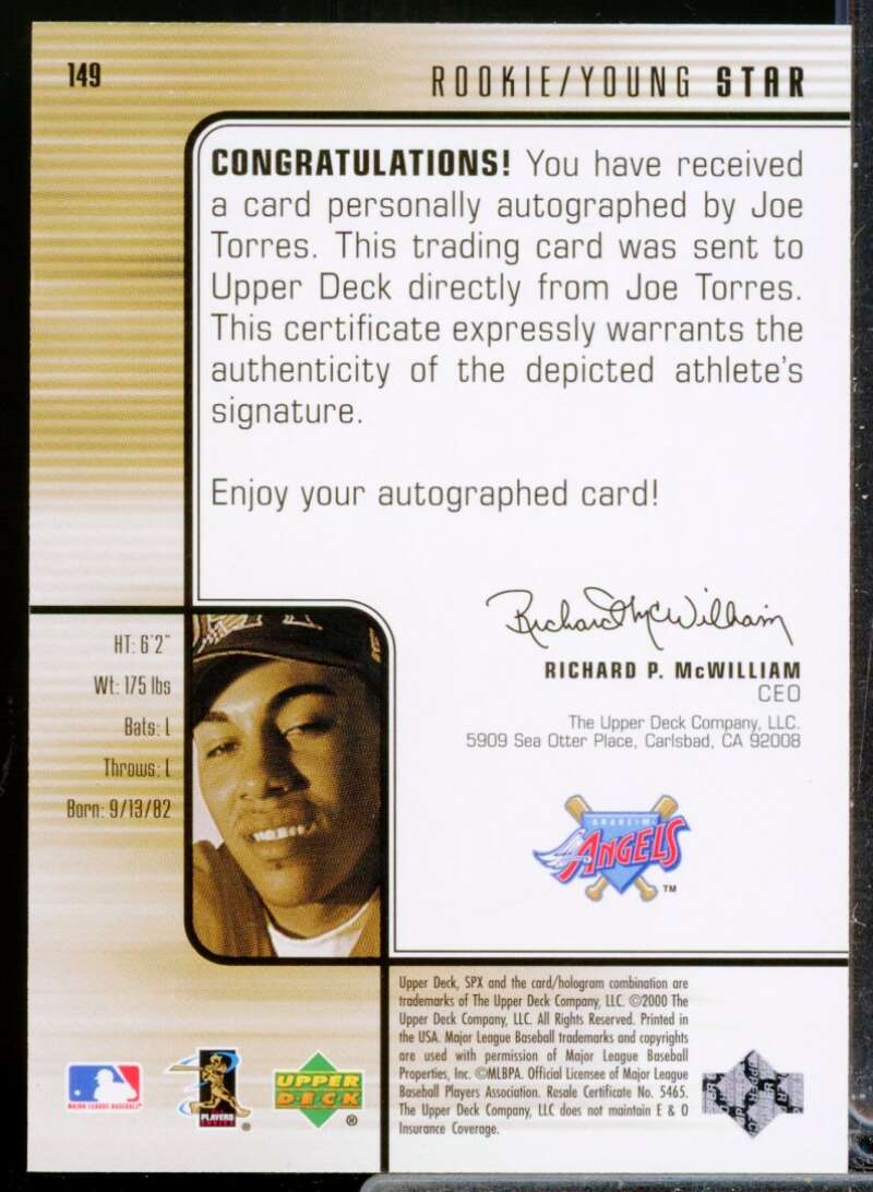 Joe Torres /1500 RC Card 2000 SPx Rookie Autograph #149  Image 2