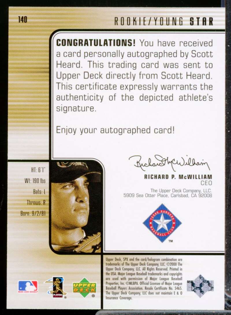 Scott Heard /1500 RC Card 2000 SPx Rookie Autograph #140  Image 2