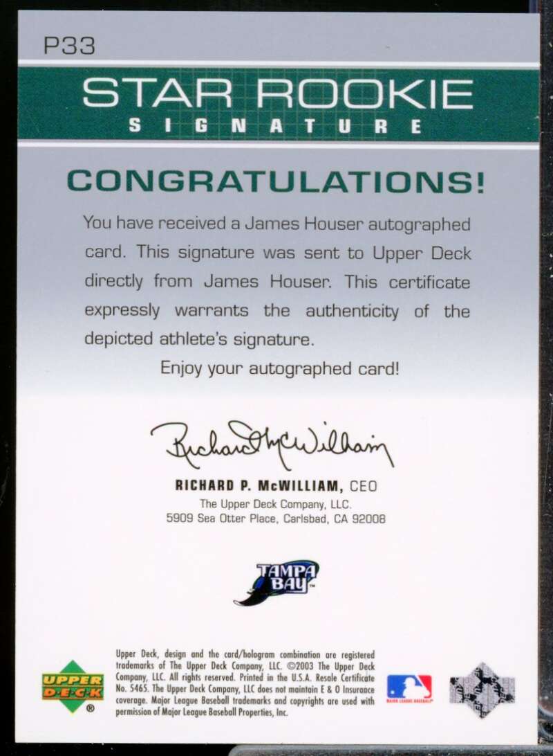 James Houser Card 2003 Upper Deck Prospect Premieres Autographs #P33  Image 2