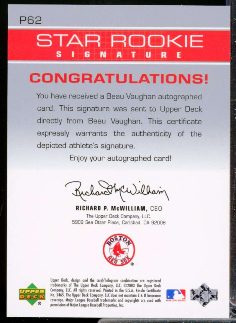 Beau Vaughan Card 2003 Upper Deck Prospect Premieres Autographs #P62  Image 2