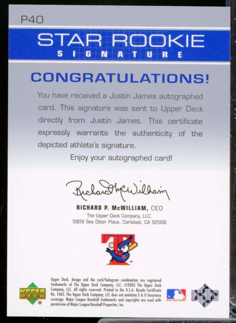 Justin James Card 2003 Upper Deck Prospect Premieres Autographs #P40  Image 2