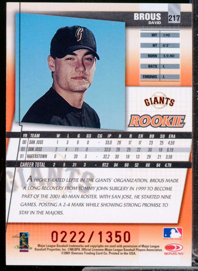 David Brous Card 2002 Donruss Best of Fan Club Autographs #217  Image 2