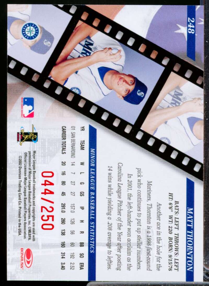 Matt Thornton /250 2002 Donruss Studio Private Signings Rookie Autograph #248  Image 2