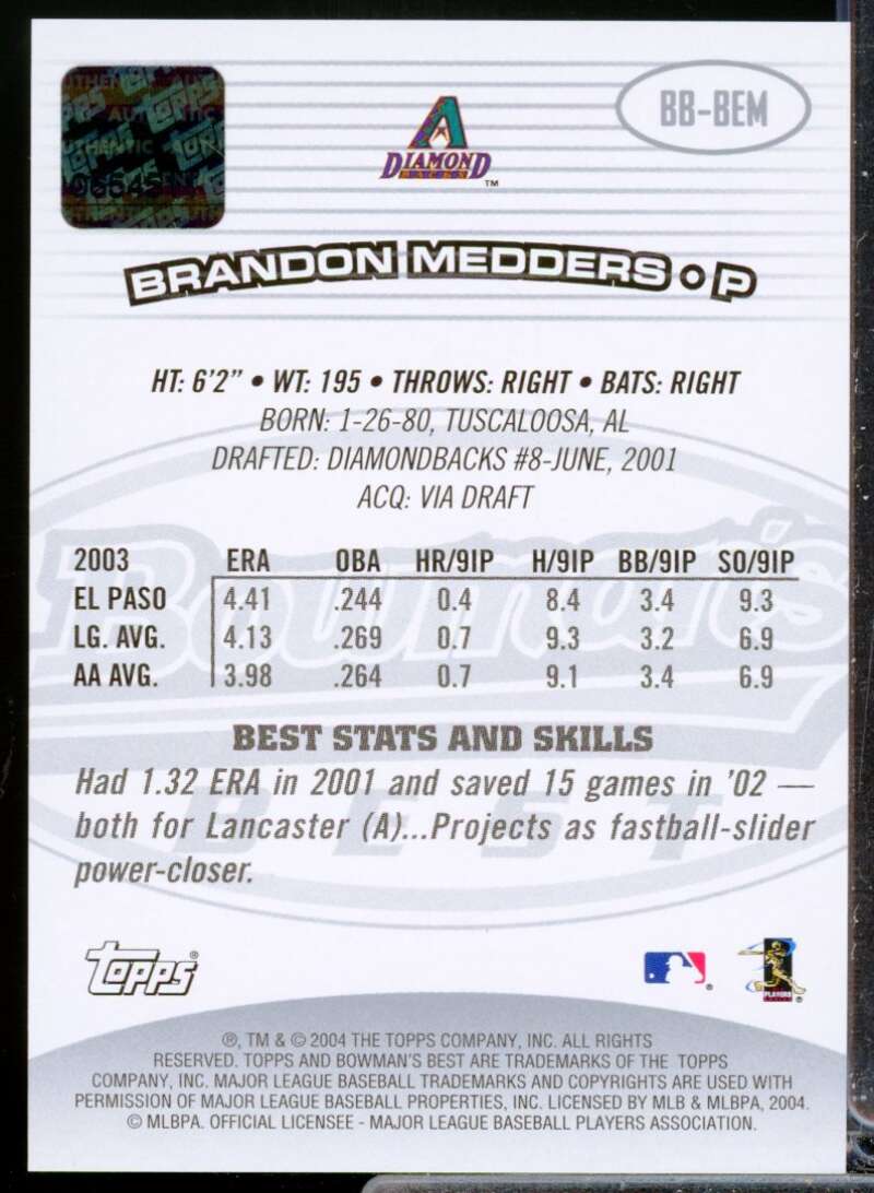Brandon Medders RC Card 2004 Bowman's Best First Year Rookie Autograph #BEM  Image 2