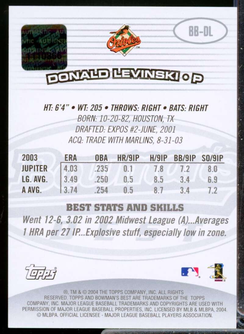 Donald Levinski RC Card 2004 Bowman's Best First Year Rookie Autograph #DL  Image 2