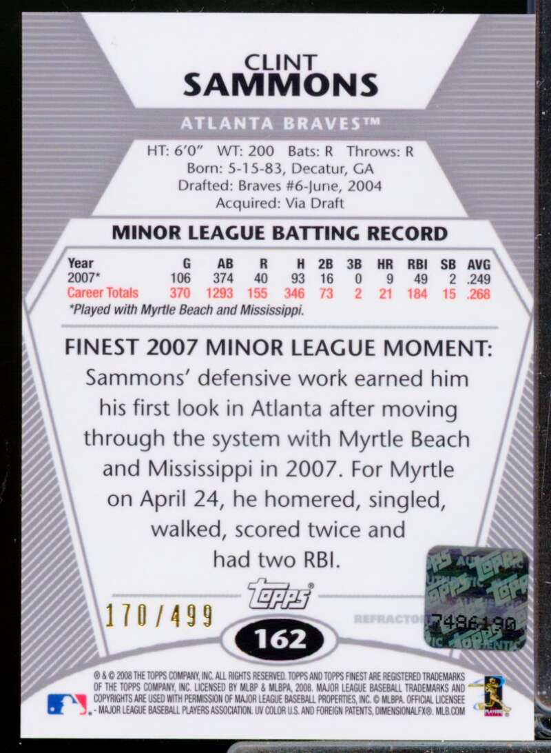 Clint Sammons Card 2008 Finest Rookie Autograph Refractors #162  Image 2