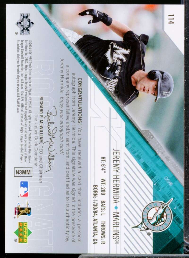 Jeremy Hermida /999 RC Card 2006 SPx Rookie Autograph #114  Image 2