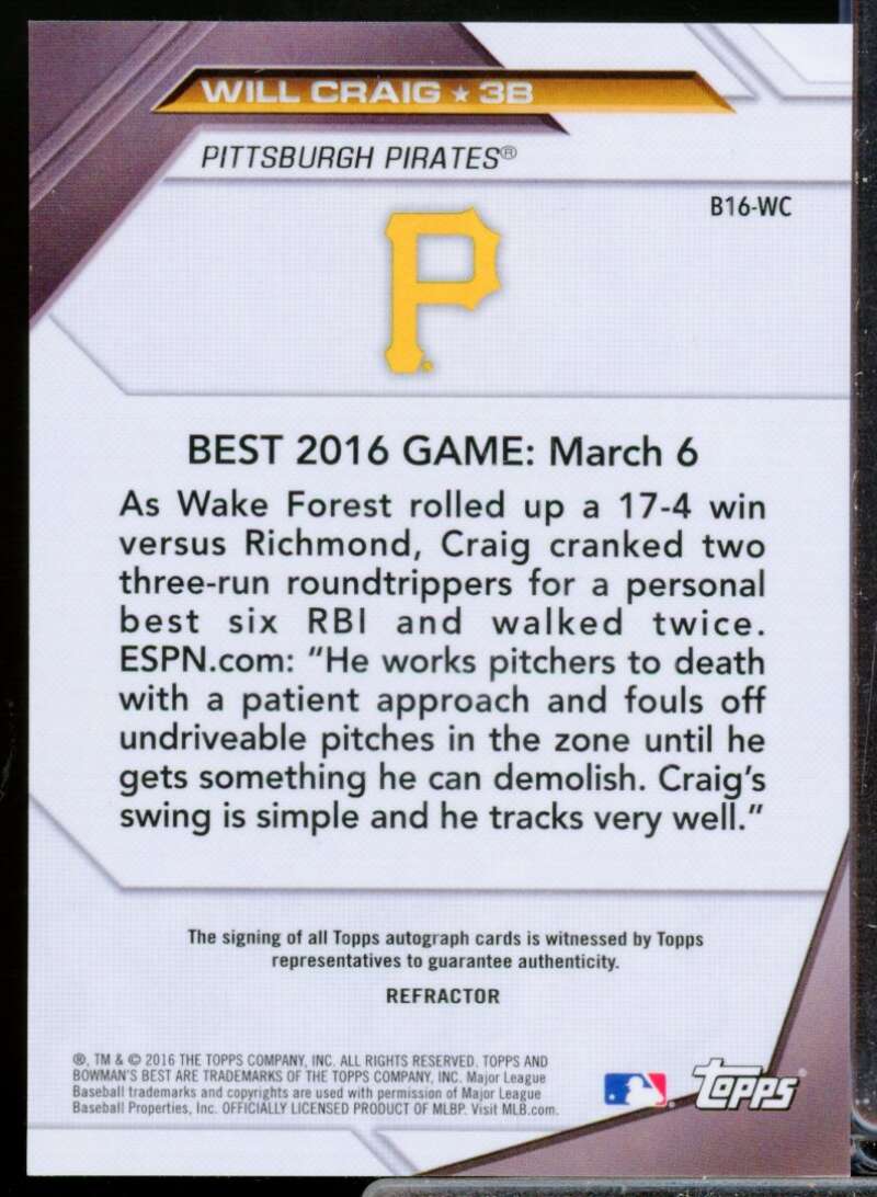 Will Craig Card 2016 Bowman's Best Best of '16 Autographs Refractors #B16WC  Image 2