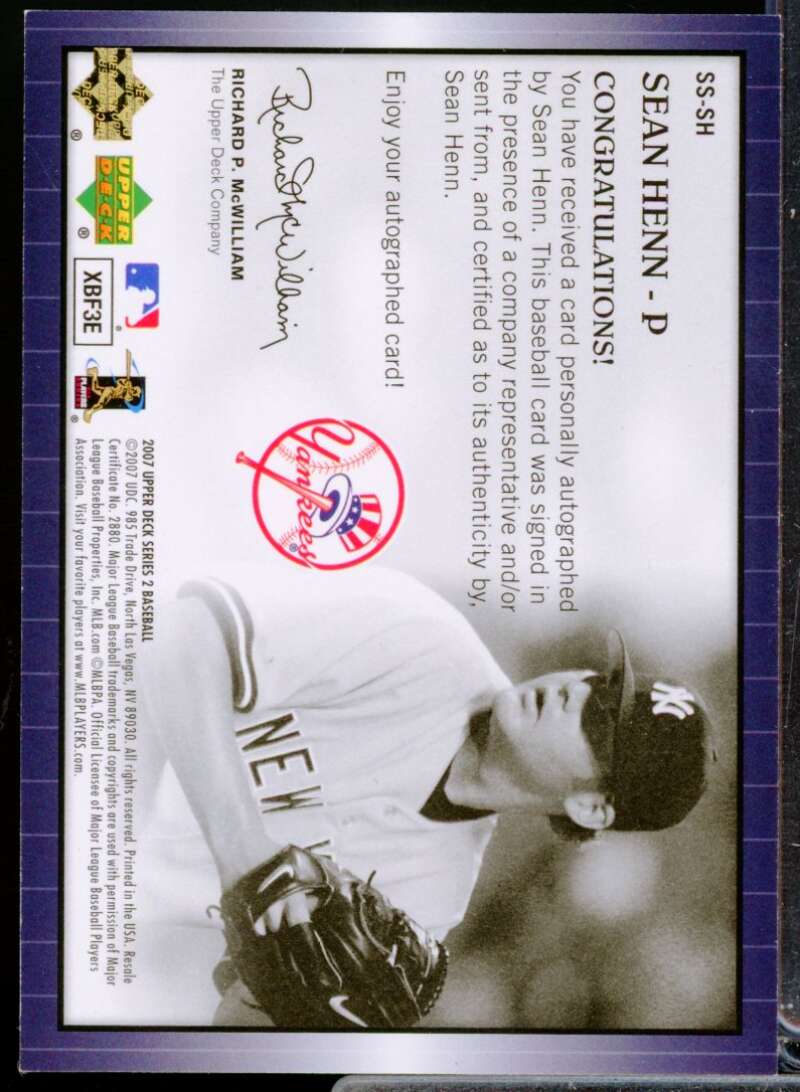 Sean Henn Card 2007 Upper Deck Star Signings Autograph #SH  Image 2
