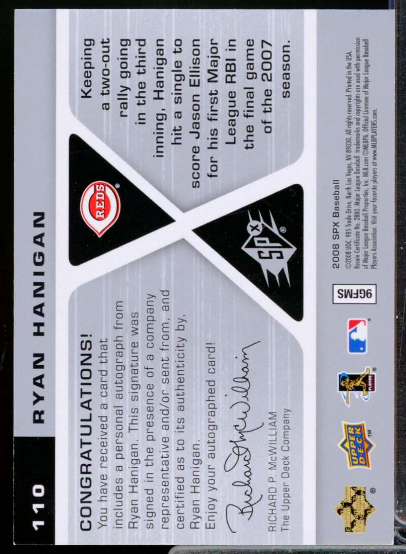 Ryan Hanigan Card 2008 SPx Rookie Signatures Autograph Silver #110  Image 2