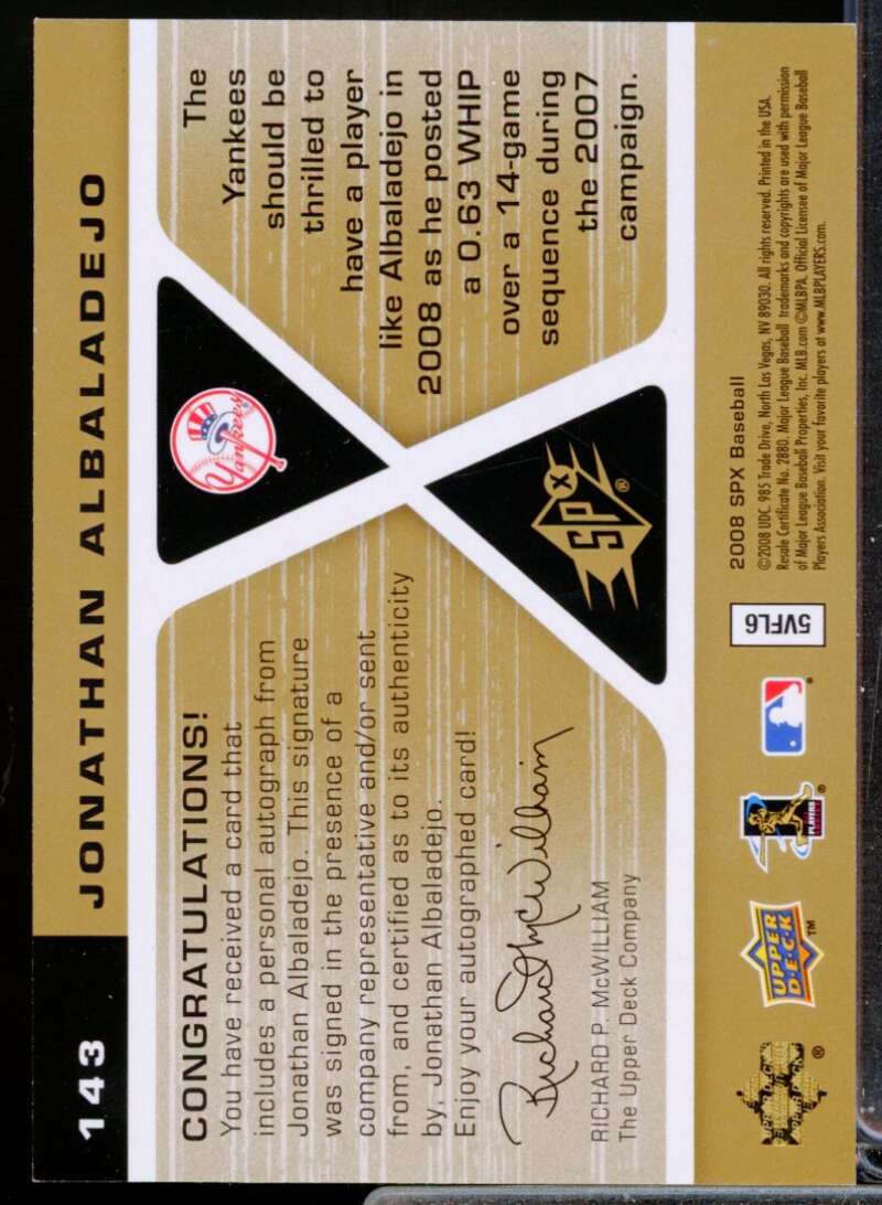 Jonathan Albaladejo RC Card 2008 SPx Rookie Signatures Autograph #143  Image 2