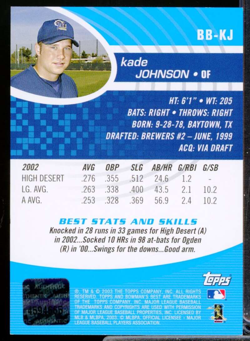Kade Johnson RC Card 2003 Bowman's Best First Year Rookie Autograph #KJ  Image 2