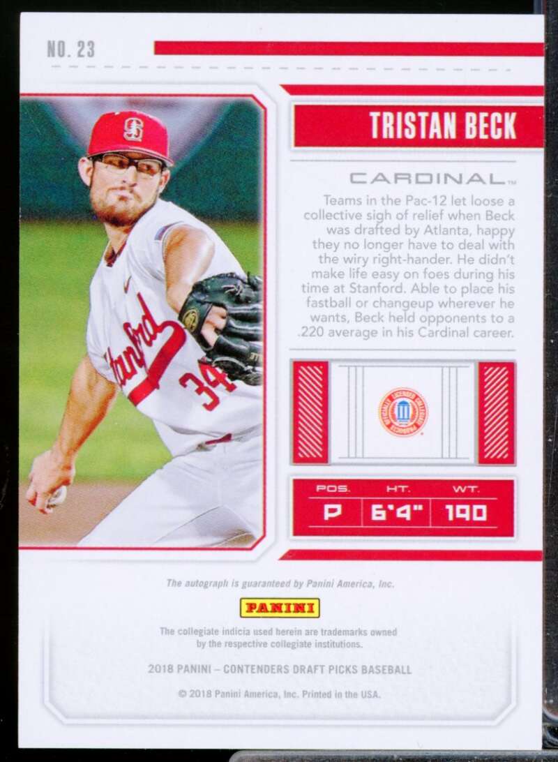 Tristan Beck 2018 Panini Contenders Draft Prospect Ticket Auto Prospect #23  Image 2