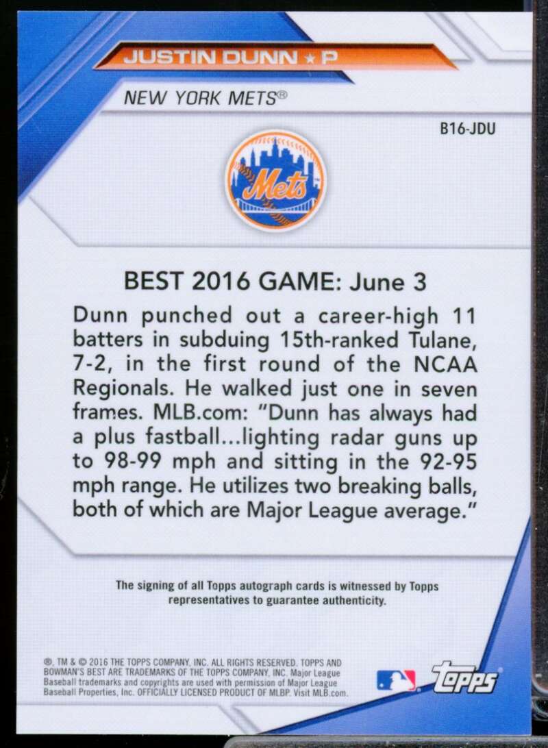 Justin Dunn Card 2016 Bowman's Best Best of '16 Autographs #B16JDU  Image 2