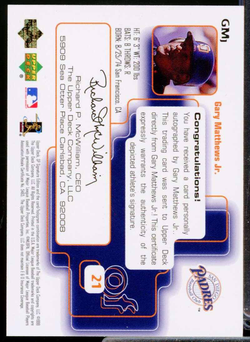 Gary Matthews Jr. Card 1999 SP Signature Series Autographs #GMJ  Image 2