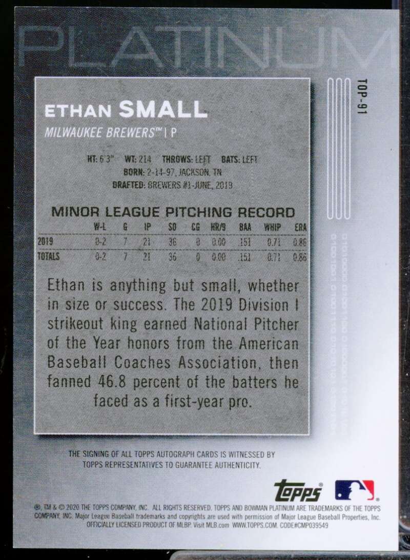 Ethan Small Card 2020 Bowman Platinum Top Prospect Autographs #TOP91  Image 2