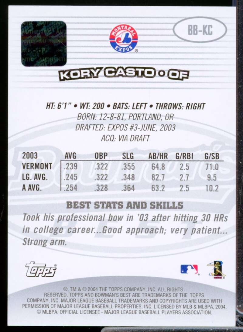 Kory Casto RC Card 2004 Bowman's Best First Year Rookie Autograph #KC  Image 2