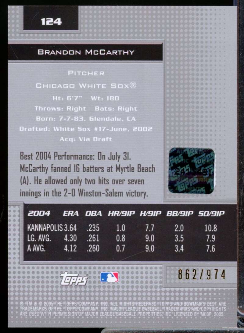 Brandon McCarthy RC Card 2005 Bowman's Best First Year Rookie Autograph #124  Image 2