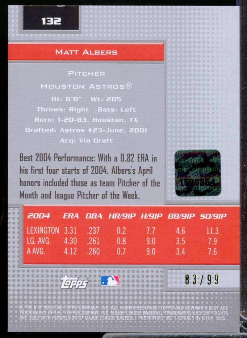 Matt Albers Card 2005 Bowman's Best First Year Autograph Silver #132  Image 2