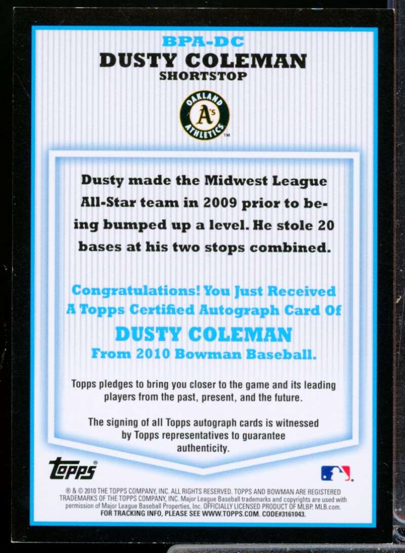 Dusty Coleman Card 2010 Bowman Prospect Autographs #DC  Image 2