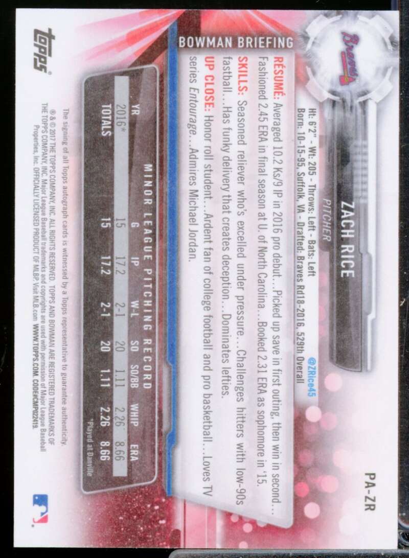 Zach Rice Card 2017 Bowman Prospect Autographs #PAZR  Image 2