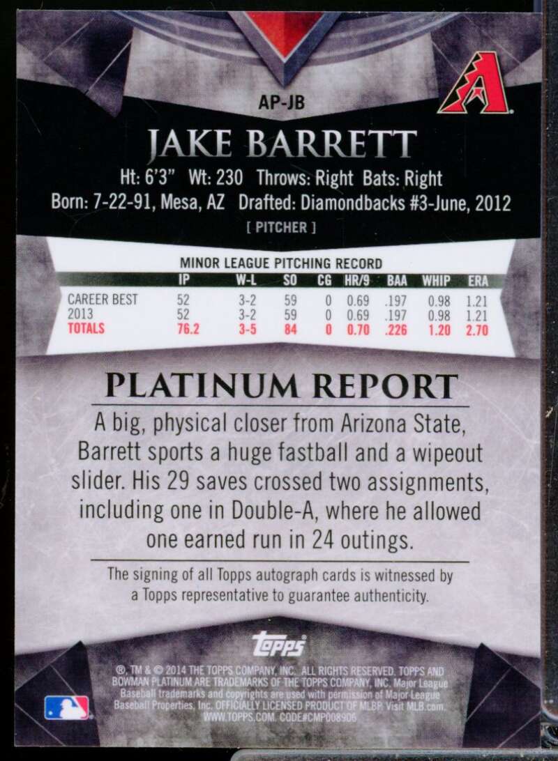 Jake Barrett 2014 Bowman Platinum Prospect Autographs Green Refractors #APJB  Image 2