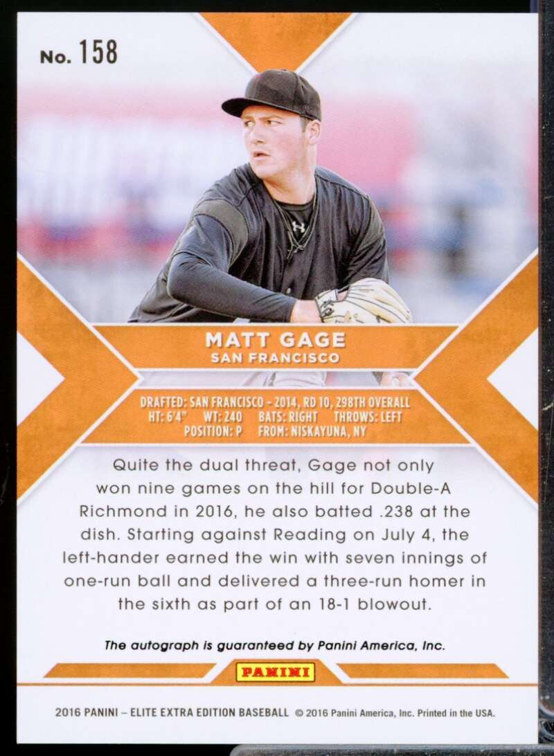 Matt Gage Card 2016 Elite Extra Edition Autographs #158  Image 2