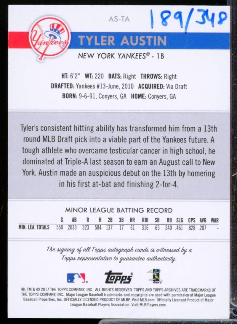 Tyler Austin /348 Card 2017 Topps Archives Snapshots Autographs #ASTA  Image 2
