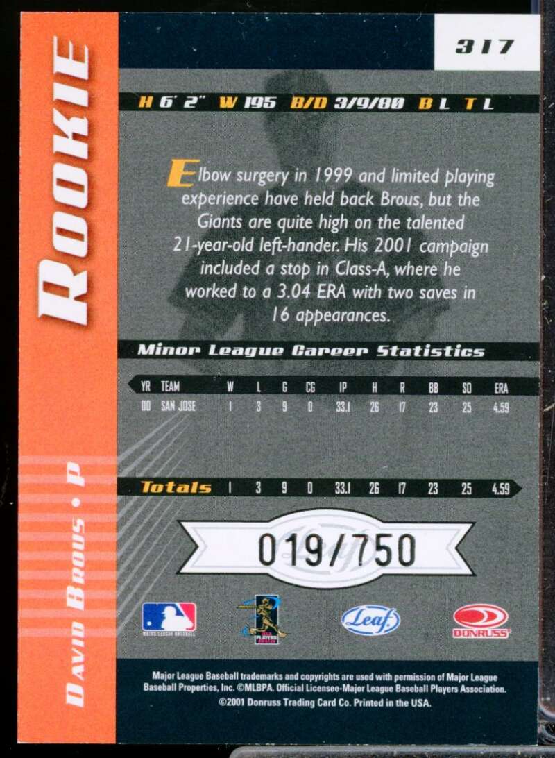 David Brous /750 RC Card 2001 Leaf Limited Rookie Autograph #317  Image 2