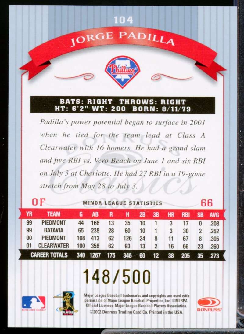 Jorge Padilla 2002 Donruss Classics Significant Signature Rookie Autograph #104  Image 2
