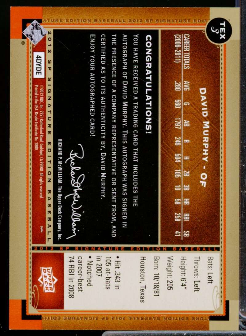 David Murphy Card 2012 SP Signature Autograph #TEX3  Image 2