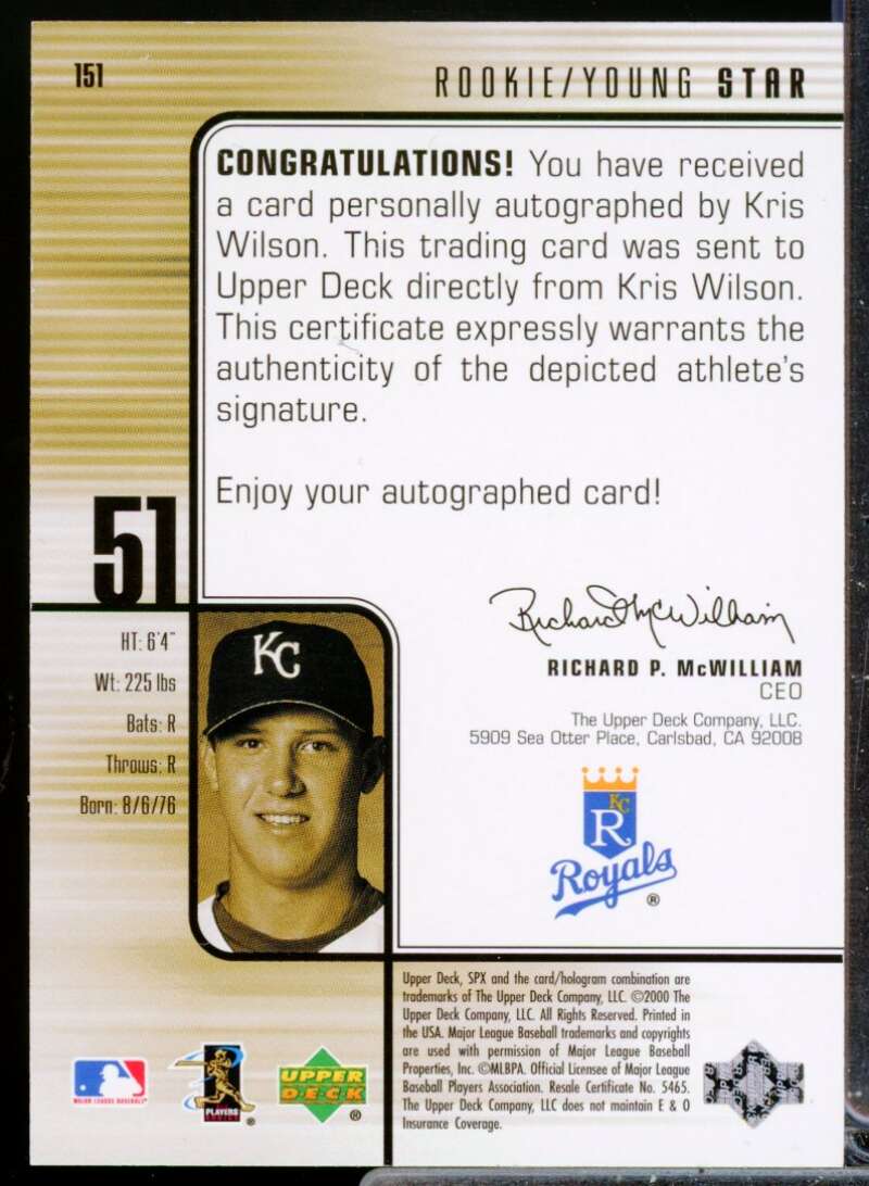Kris Wilson /1500 RC Card 2000 SPx Rookie Autograph #151  Image 2
