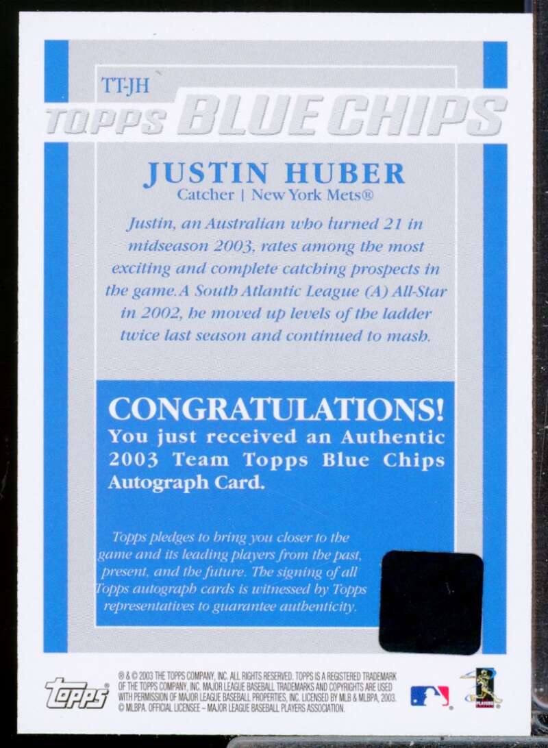 Justin Huber Card 2003 Team Topps Blue Chips Autographs #JHU  Image 2