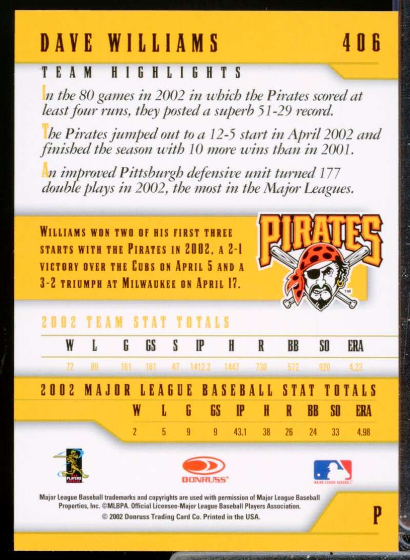 Dave Williams Card 2003 Donruss Team Heroes Autographs #406  Image 2
