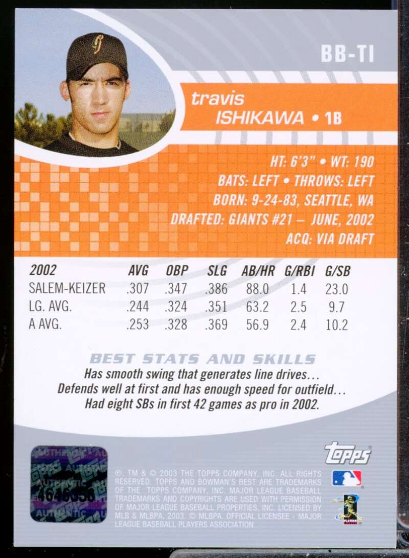 Travis Ishikawa RC Card 2003 Bowman's Best First Year Rookie Autograph #TI  Image 2