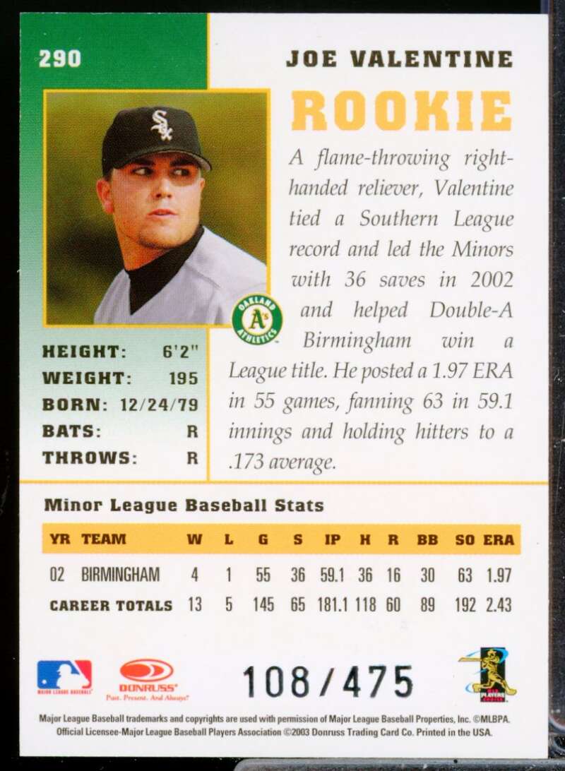 Joe Valentine /475 Card 2003 Donruss Champions Rookie Autographs #290  Image 2